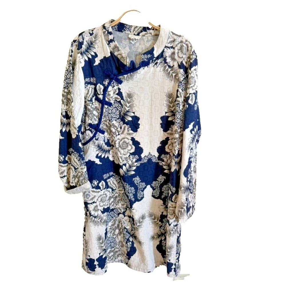 Minibee Linen‎ Dress Size Large Blue Floral Long Sleeve Oriental Quiet Luxury